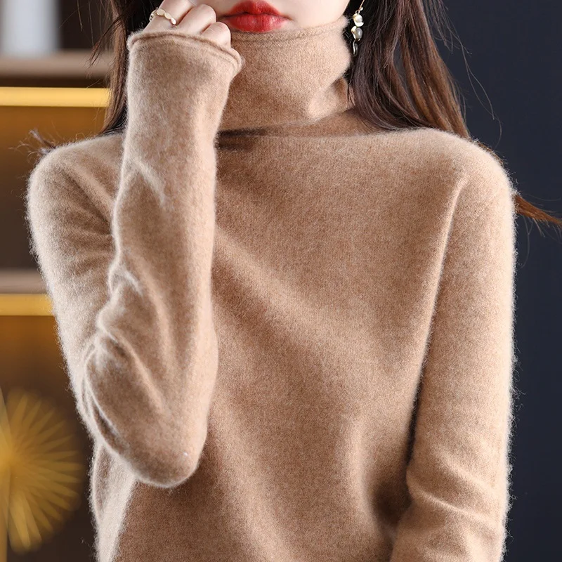 

Женский трикотажный свитер-водолазка, свободный кашемировый пуловер из 100%-ной шерсти, теплая верхняя одежда, осень-зима