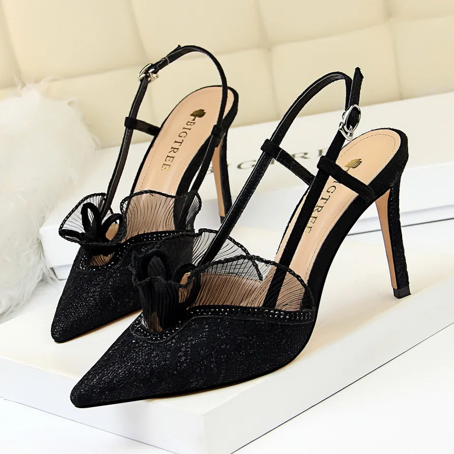 

Summer Women 5cm 9cm High Heels Sandals Lady Lace Mesh Pointed ToeLolita Mid Low Heels Green Nightclub Shoes