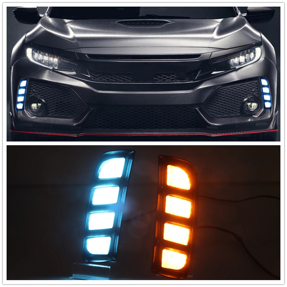 

2PCS LED Daytime Running Light DRL Tricolor Front Bumper Air Intake Vent Cover Signal Day Fog Lamp For Honda Civic 2016-2020