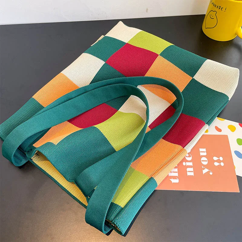 Новая Радужная Шахматная сумка женская вязаная шерстяная сумка-мешок ручной