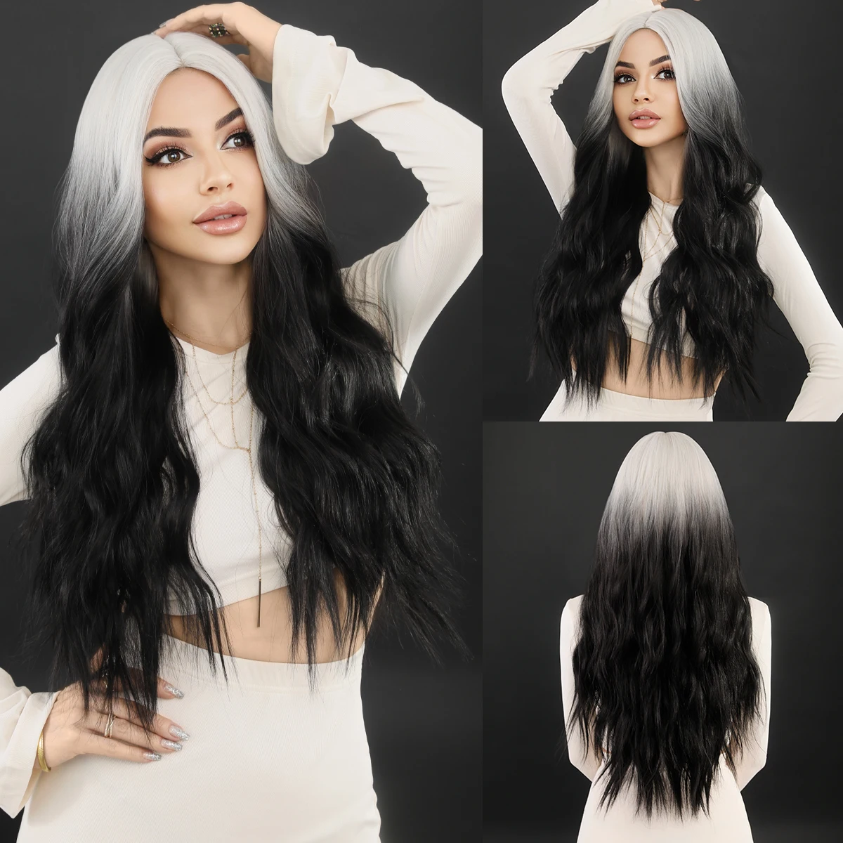 NAMM Ombre Black White Wavy Hair Wig for Women Cosplay Daily Party Synthetic Natural Middle Part Curly Wig Lolita Heat Resistant