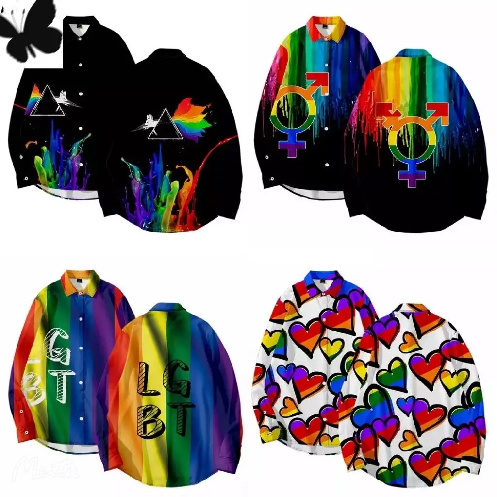 

2022 Rainbow LGBT Heart 3D Printing Unisex Shirt Women/Men Casual Long Sleeve Cool Loose Button Streetwear Overclothes Oversize
