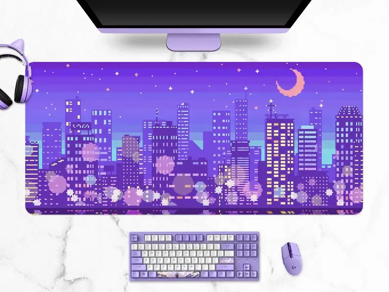 

Retro anime desk mat, 90s vaporwave aesthetics, pastel pink/purple/lilac moon pixel art, Japan Tokyo Skyline mouse pad, XXL gami