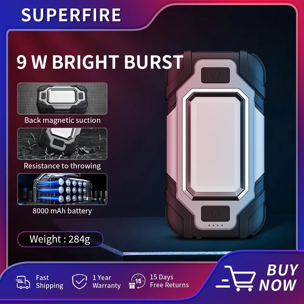 

SUPERFIRE X102 COB Рабочий фонарь для кемпинга, USB перезаряжаемый портативный светодиодный фонарик, регулируемый водонепроницаемый магнитный дизайн