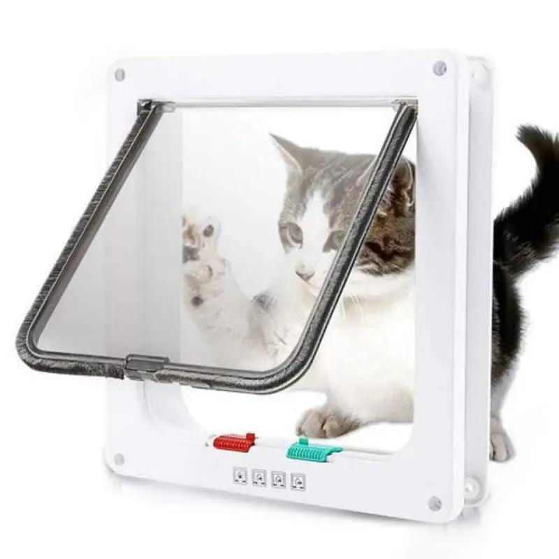 

Dog Cat Flap Door with 4 Way Lock Security Flap Door For Cats Kitten ABS Plastic Small Dog Gate Cat Dogs Flap Pet Door Chip