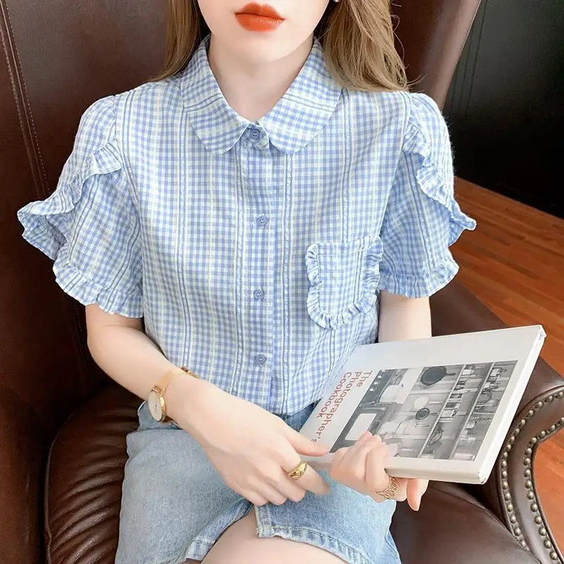 

Blue plaid shirt women's short -sleeved shirt female 2022 New women's POLO collar bubble sleeve casual cute blouse female top