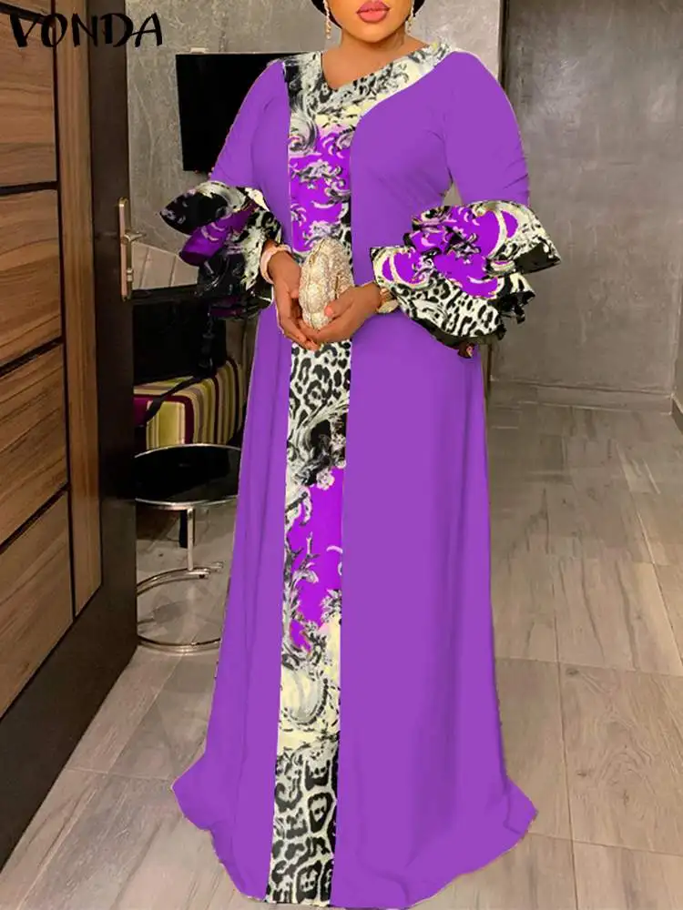 

VONDA Bohemian Printed Maxi Dress 2022 Autumn Women 3/4 Sleeve Pleated Ruffled Party Sundress Casual V Neck Holiday Robe Femme