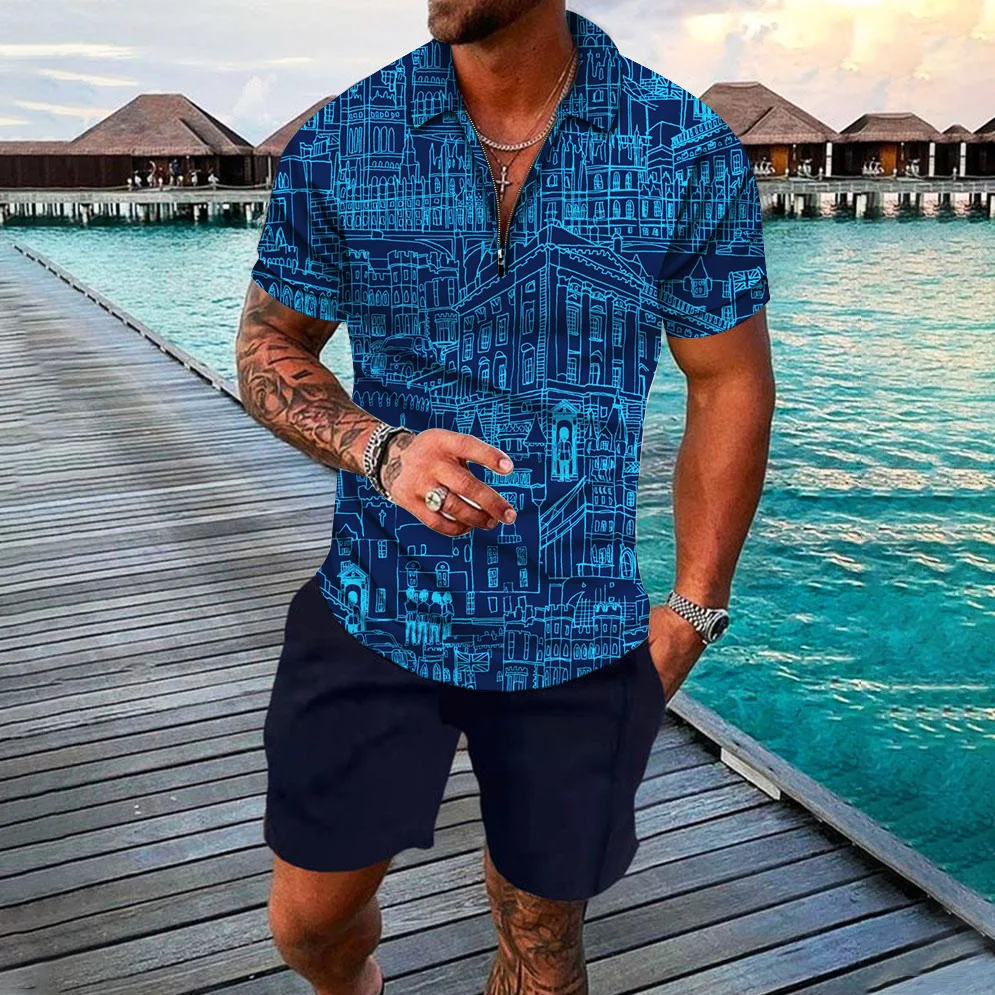 

Summer New Men'S Tshirt Digital Printed Youth Architecture Series Mens Zipper Leisure Polo Shirt