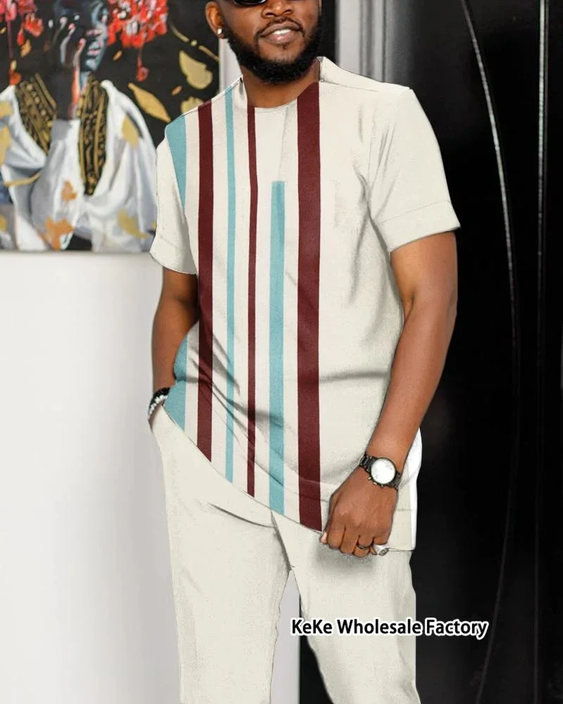 2023 Summer New Two-Piece Men's Tracksuits Striped Top Trousers 3D Printed Splicing Shirt Set Casual Male Jogging Suit Plus Size