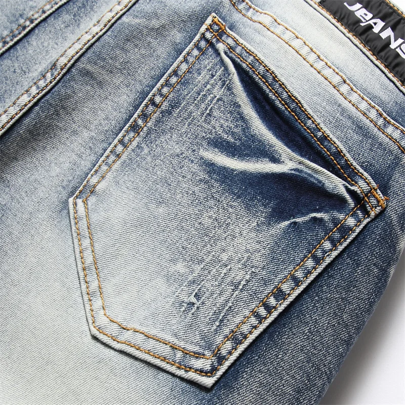 Men's Clothing Vintage Light Blue Holes Ripped Biker Jeans Motorcycle Casual Pleated Torn Stretch Denim Slim Pants Trousers Men