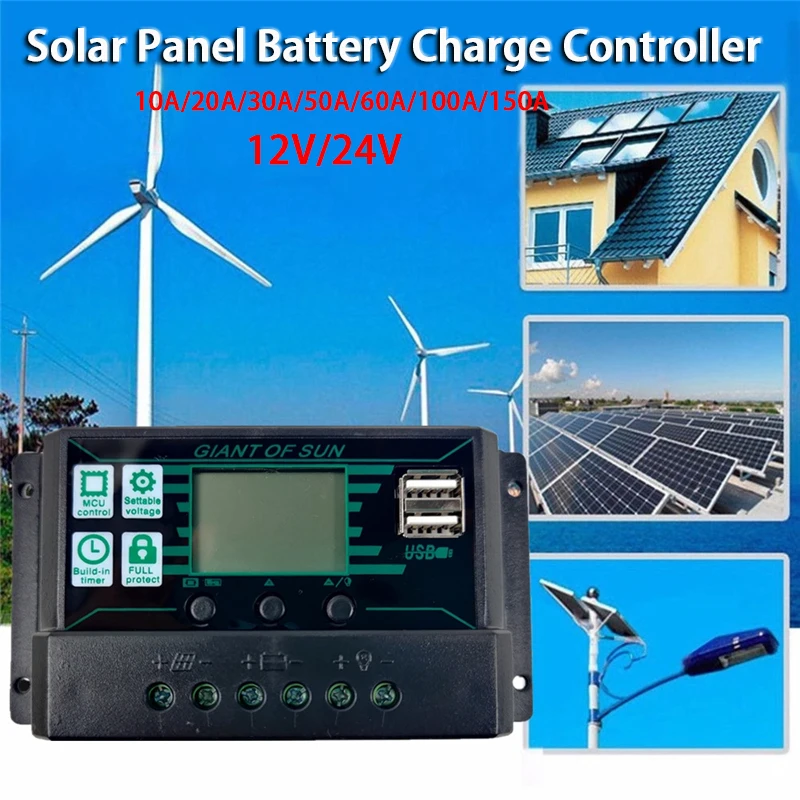 

10A 20A 30A 40A 50A 60A 100A 150A MPPT PWM Solar Charge Controller 12V 24V Solar Panel Battery Regulator 2 USB Port LCD Display