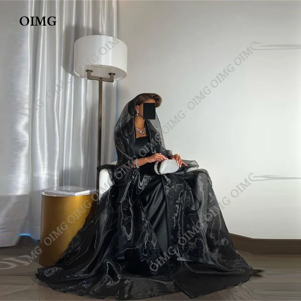 

OIMG Modern Long Organza Cape Evening Dresses Long Sleeves Strapless Arabic Prom Gowns Formal Party Occasion Dress Dubai