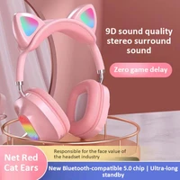 cute cat ear headphones wireless bluetooth headphone colorful breathing light gaming earphones with mic girls gift for pc phone
