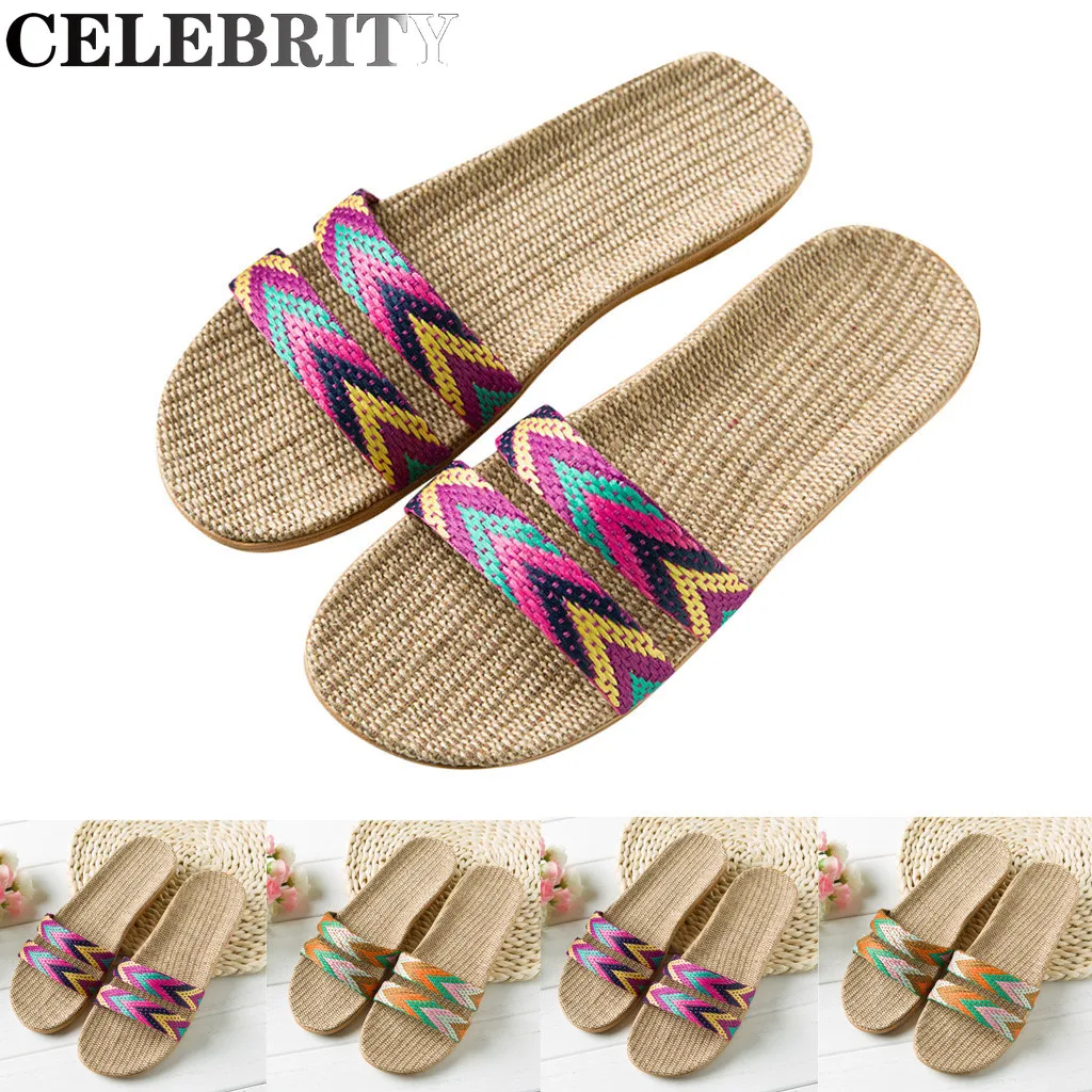 

2022 New Ladies Fashion Anti-Slip Linen Home Indoor Open Toe Flats Beach Slippers
