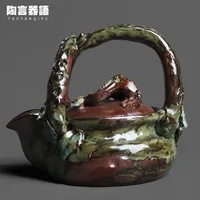 Rock mine pottery clay wood burning fire marks glaze teapot ring handle hand-carved petal wooden handle Japanese tea ceremony te