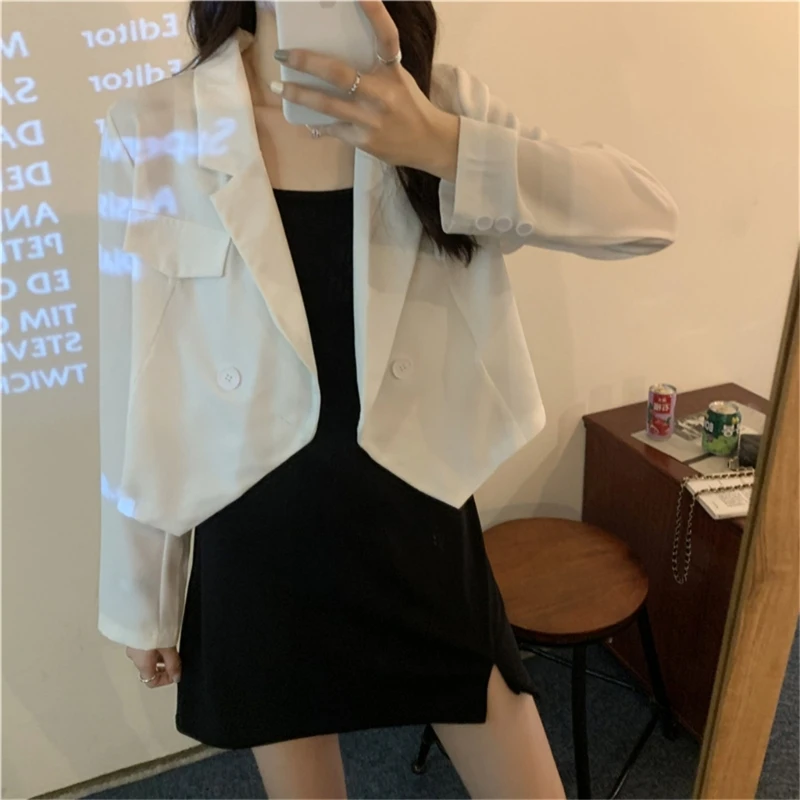 

573B Korean Solid Color Long Sleeve Suit Women Office Ladies Double Breasted Notched Lapel Collar Loose Short Jacket