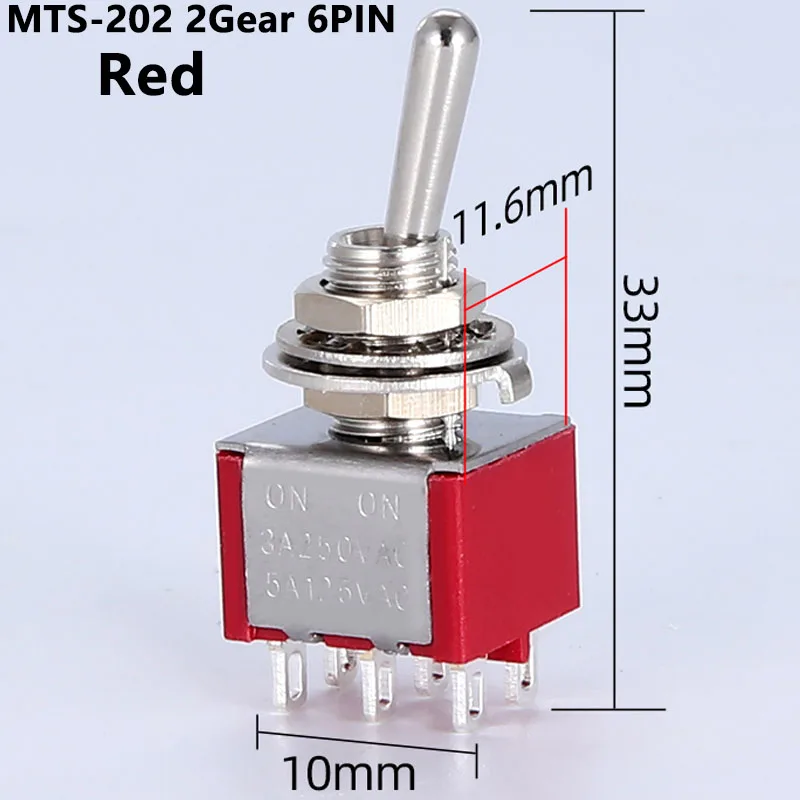 1/5 шт., переключатель, 6 мм, красный, 6 контактов, MTS-202/203, переключатели, 2A/250V,5A/120V, ВКЛ./ВКЛ./ВЫКЛ.