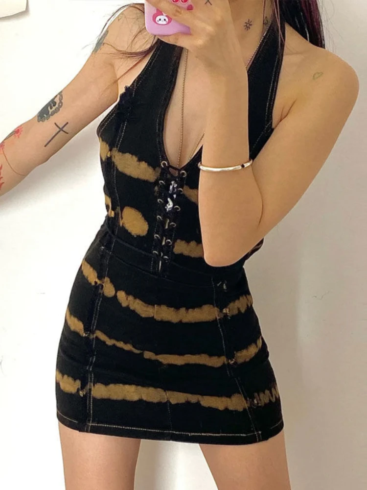 Сексуальное винтажное платье HOUZHOU с лямкой на шее Женский бандажный женский