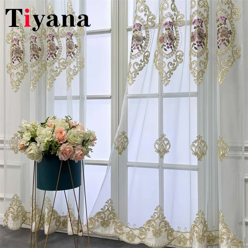 

European Chenille Embroidery Flower Luxury Living Room Sheer Tulle Curtains For Bedroom Balcony Bay Window Voile Fabric Drapes