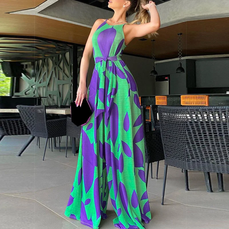 

WUHE Print Elegant Women Sleeveless Spaghetti Strap High Waist Loose Wide Leg Jumpsuit Street Boho Playsuit