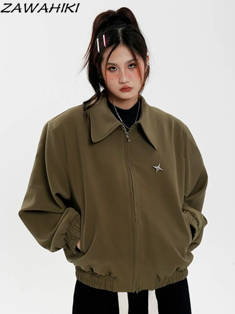 Vintage Green Turndown Collar Zip-up Jackets Autumn Warm Coats Metal Star Decoration Loose Streetwear Clothes Retro Outerwear