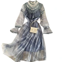 2022 new dress fairy sweet mori chic gentle wind lotus leaf heavy industry sequins seaded mesh long skirt 2 piece set