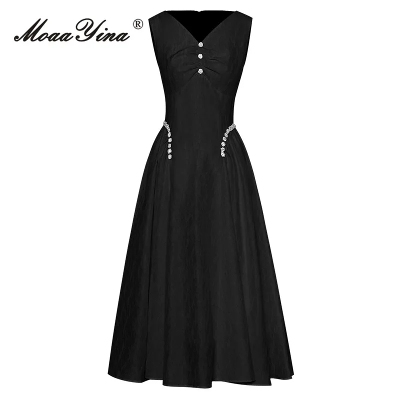 

MoaaYina Summer Fashion Designer Elegant Black Vest Dress Women's V Neck Sleeveless Button Nail Bead High Waist Slim Midi Dress