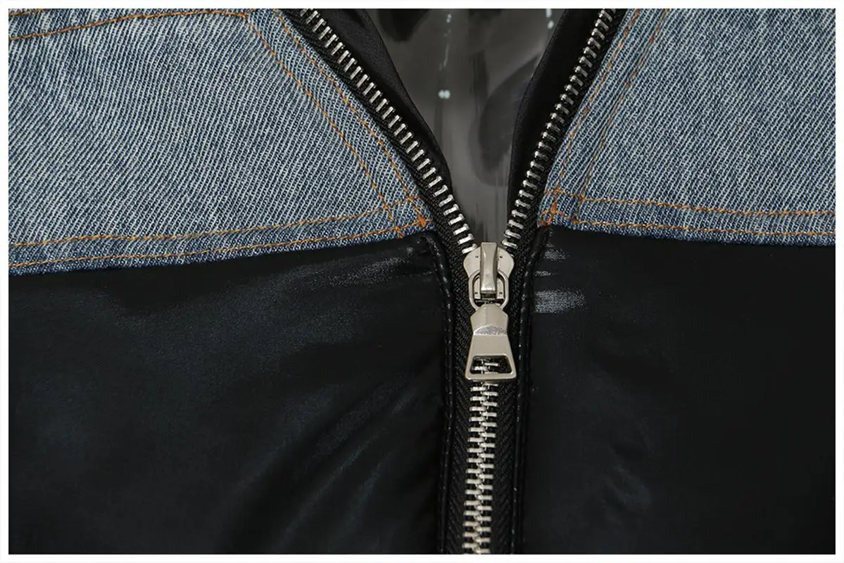 Women's Autumn And Winter New Hot Street Personality Denim Splicing Zipper Down Cotton Jacket