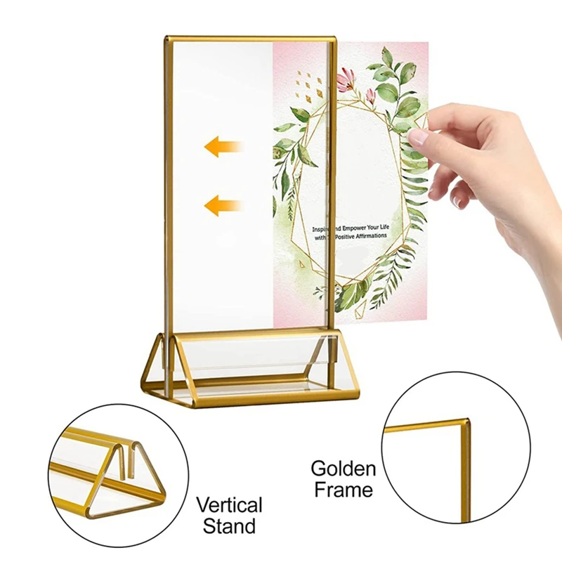 

6Pack Sign Holder 5X7 Inch Clear Acrylic With Gold Borders And Vertical Stand, Double Sided Table Holders For Wedding