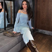 solid ribbed women long sleeve off shoulder strap midi dress bodycon sexy streetwear party club festival evening 2022