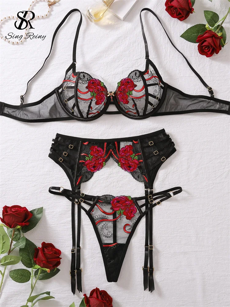 SINGREINY высокое качество эротическое нижнее белье с цветочной вышивкой костюмы