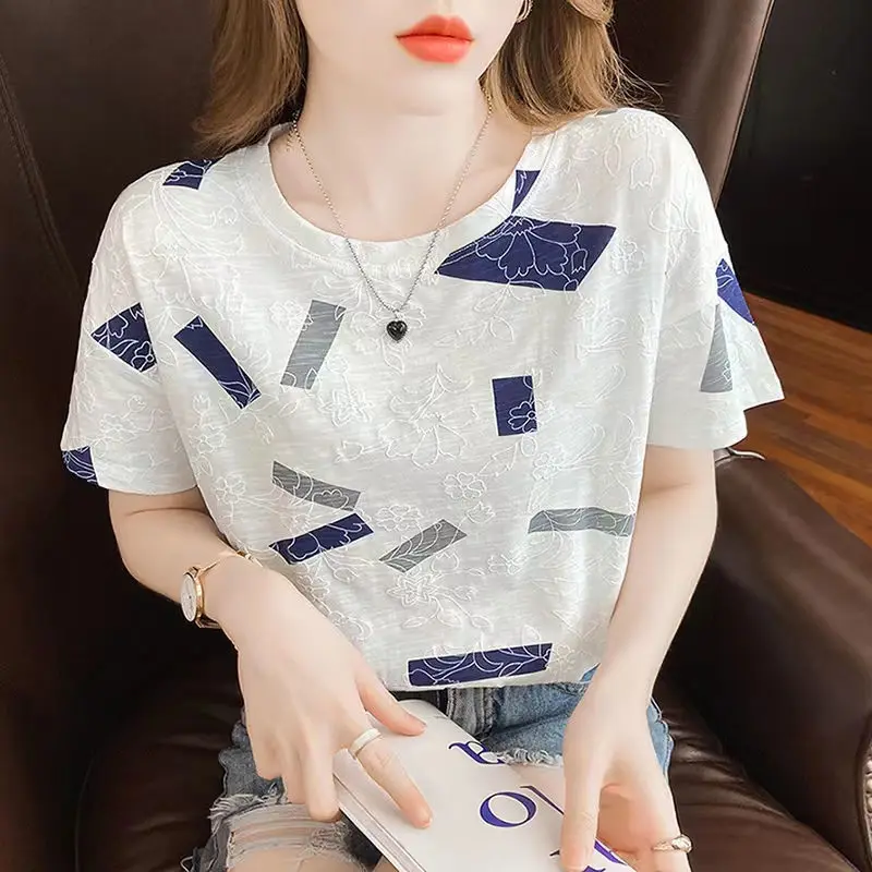 

Printed Short Sleeve T-shirt Women's Summer New Loose All-match O Neck Top Pullovers