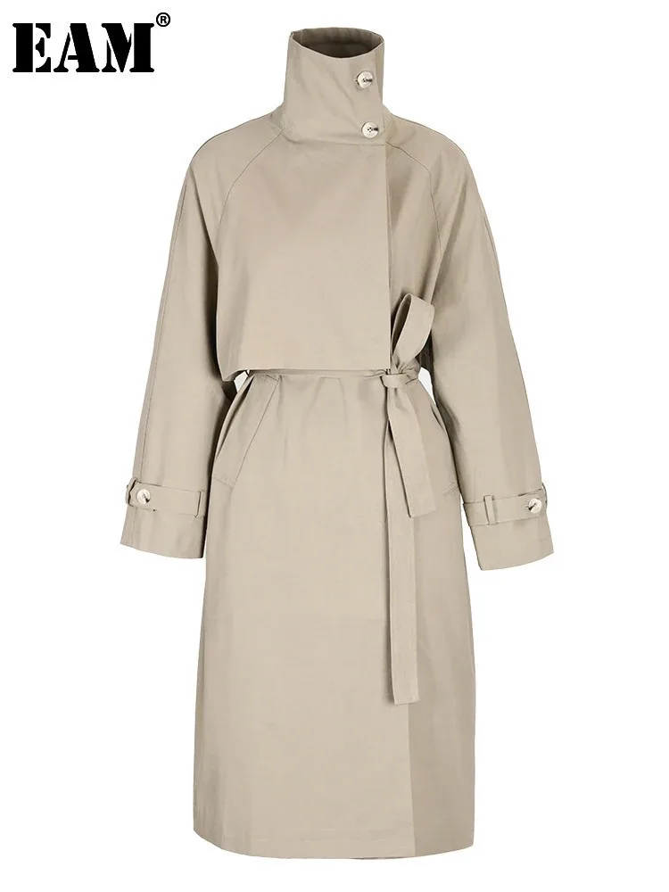 Женский Длинный Повседневный Тренч EAM зеленая свободная ветровка с отложным