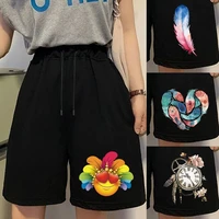 new 2022 women shorts summer casual drawstring with pocket shorts feather print high waist loose shorts female sweatpants