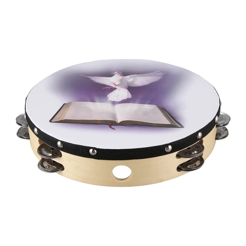 

10 Inch Wooden Tambourine Pigeon Bible Music Percussion Instrument Tambourine Double Tambourine Row Jingle Percussion Instrument