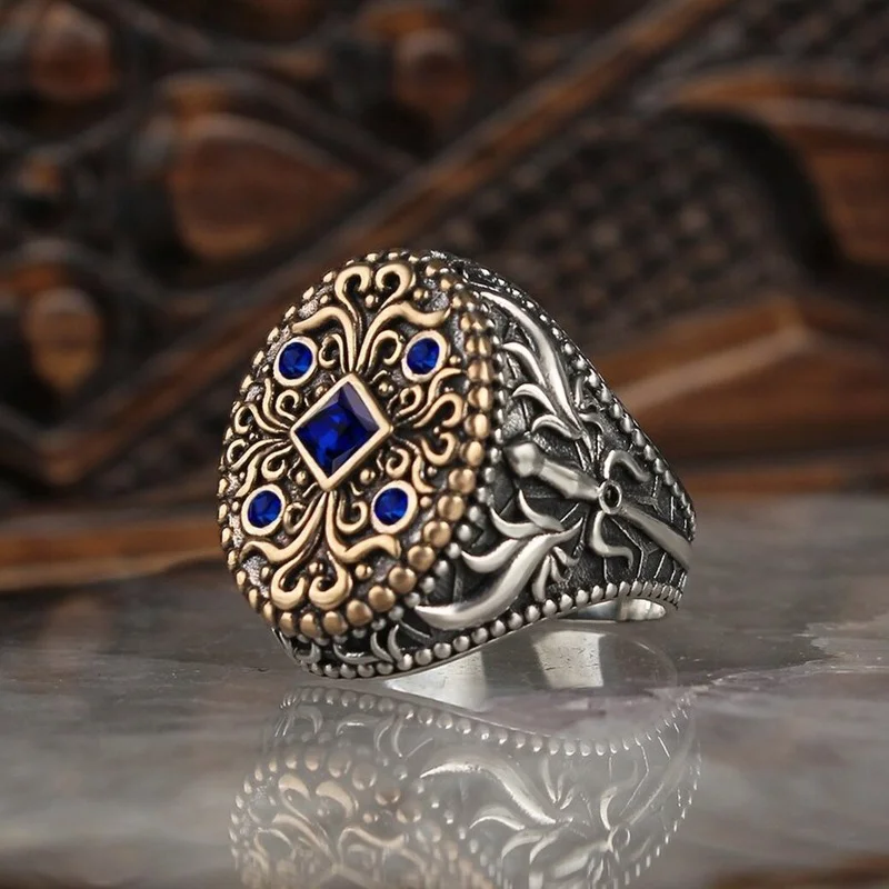 

2021 Vintage Ethnic Hand-carved Turkish Signet Rings for Men Women Retro Two-tone Geometric Pattern Ring Muslim Jewelry