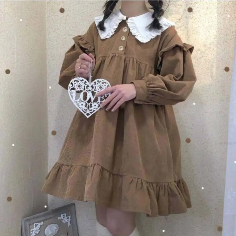 Купи Anbenser Kawaii Lolita Dress Girl Autumn Corduroy Sweet Lolita Style Cute Dress Brown Patchwork Puff Long Sleeve Tea Party Dress за 1,202 рублей в магазине AliExpress