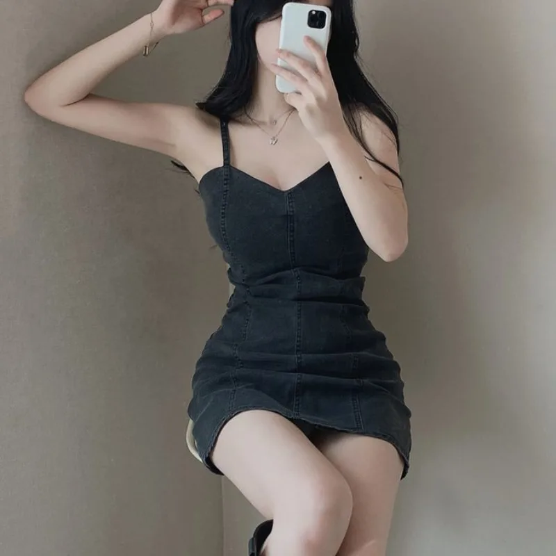 Женское облегающее джинсовое платье Y2k черное уличное с V-образным вырезом и