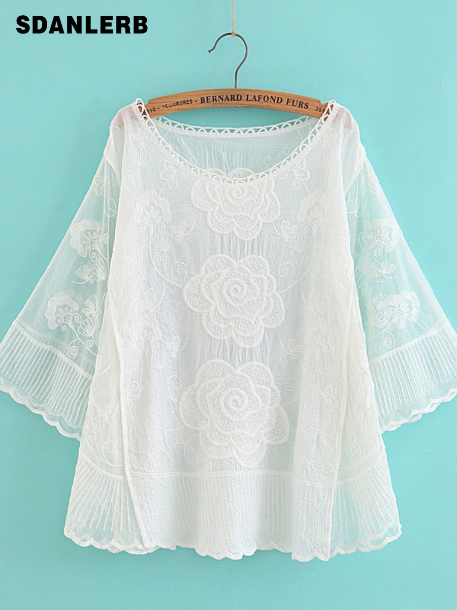 

Batwing Sleeve Top Women's Spring Mid-Sleeve Embroidered Loose Blouse 2022 New Summer Korean Style Pullover Gauzy Lace Shirt