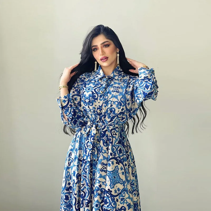 Floral Abaya Turkish Kimono  Dubai Women Long Sleeve Shirt Dresses Muslim Fashion Evening Gowns Turkish Ladies Boho Dress