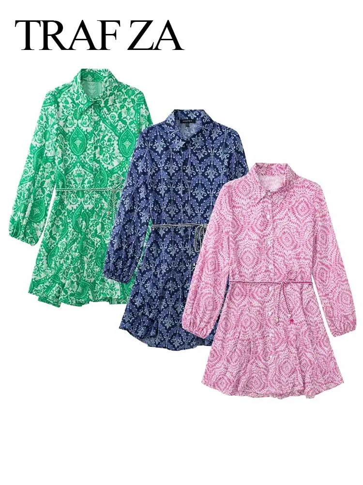 

TRAF ZA Vintage Elegant Print Long Sleeve Mini Dress Single Breasted Drawstring Waist Skin-Friendly Comfortable Ladies Dress
