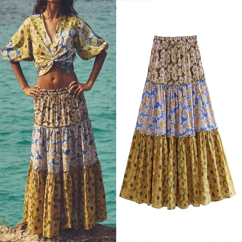 

TRAF Printed High-Waist Midi Skirt For Woman 2023 Summer Multicolored Adjustable Elastic Drawstring Waistband Skirt Blouses Sets