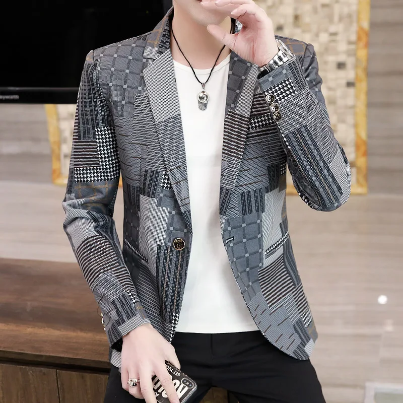 

New Men's Blazer Social Personality Handsome Suit 2022 Spring Men Korean Lrregular Pattern Clothes Trend Slim Small Suit Jackets