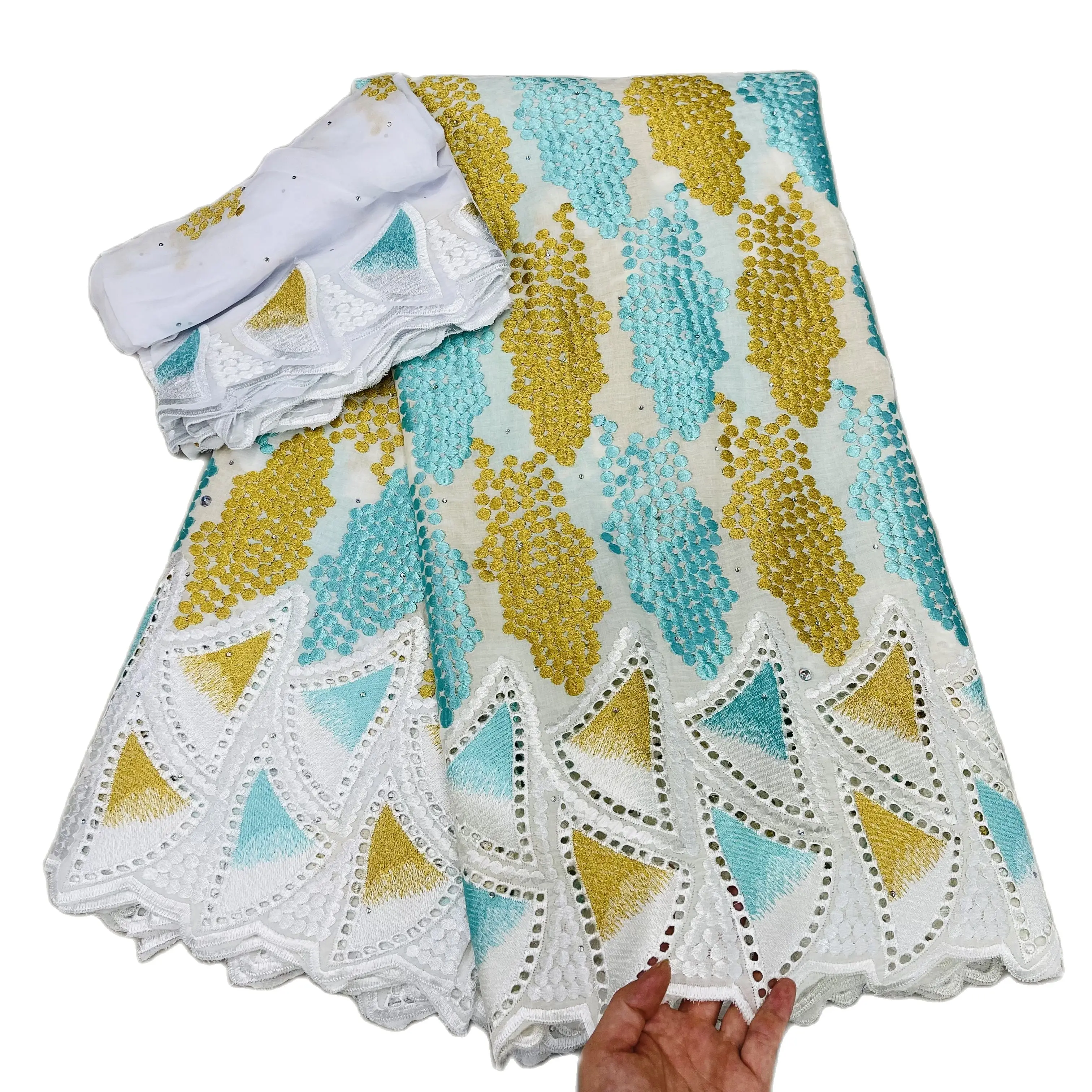 

High Quality African Swiss Voile Lace Rhinestone French 100% Cotton Lace Fabric With Tulle Mesh Lace Dubai Fabric 5+2 Yard/Set