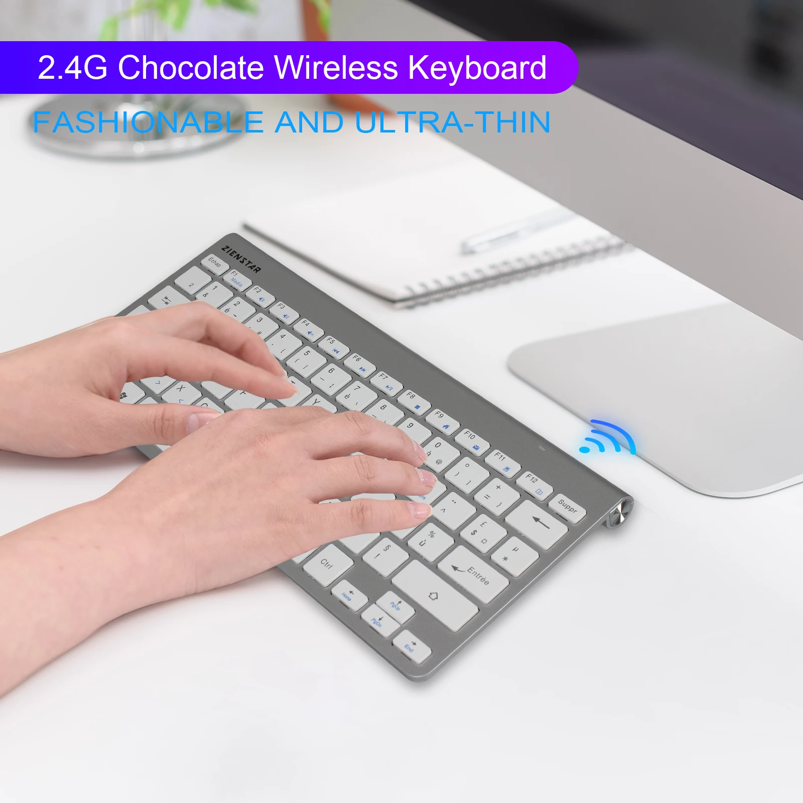 Zienstar AZERTY Французская языковая тонкая 2.4G беспроводная клавиатура для MACBOOK LAPTOP TV BOX Компьютера ПК и Смарт с USB-приемником.