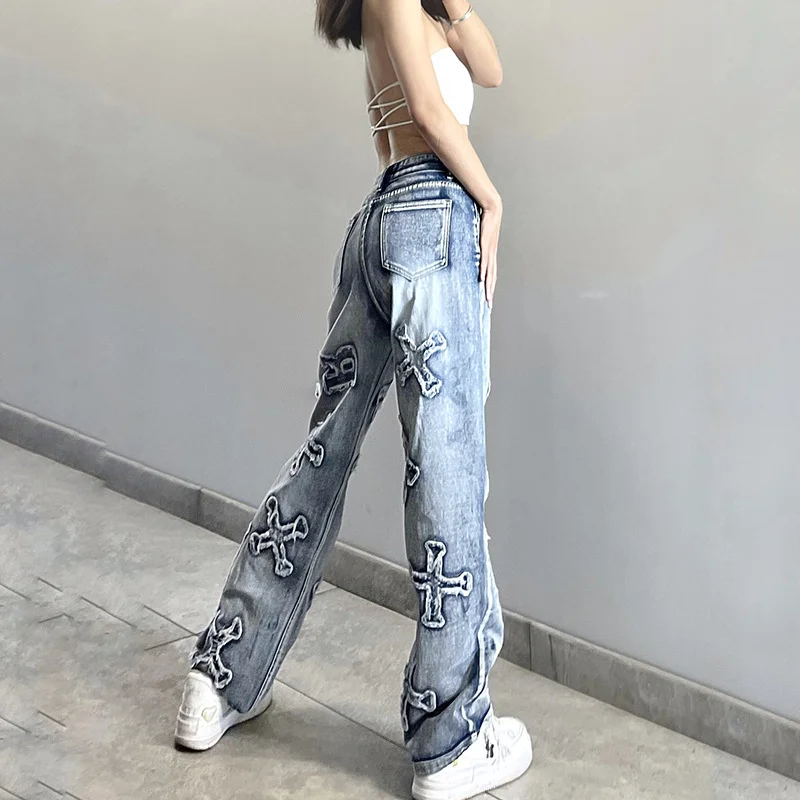 Women Fashion Vintage Letter Patchwork Loose Straight Jean Women Harajuku Ripped Straight Mom Jeans Y2K High Waist Grunge Pants