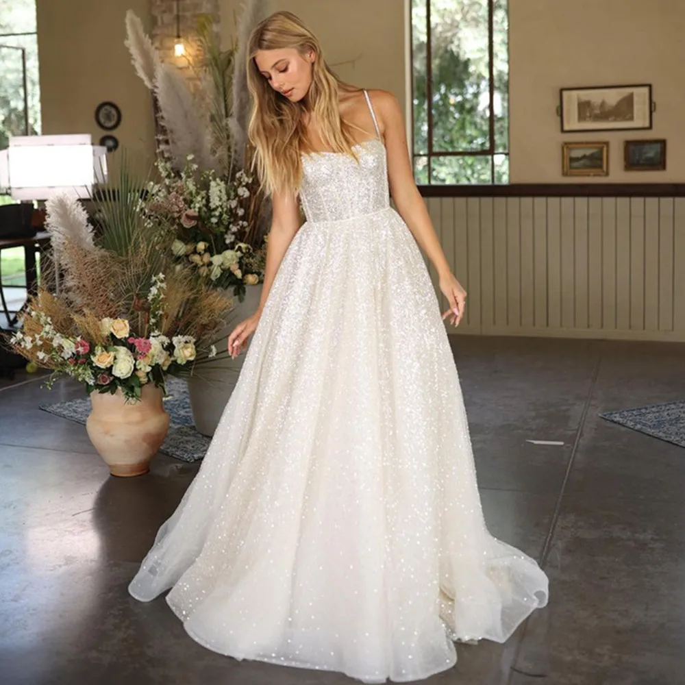 

Vestido de Noiva Shiny Beach Wedding Dresses Custom Made Boho Bride Dress Spaghetti Straps Summer Wedding Gowns Princess