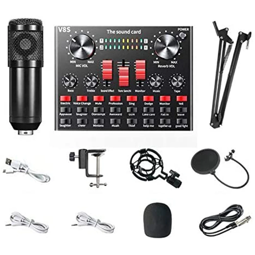 

BM 800 Condenser Microphone Bundle,Real-Time V8S Sound Card Voice Converter, Bluetooth Mixer for Music Recording(Black)