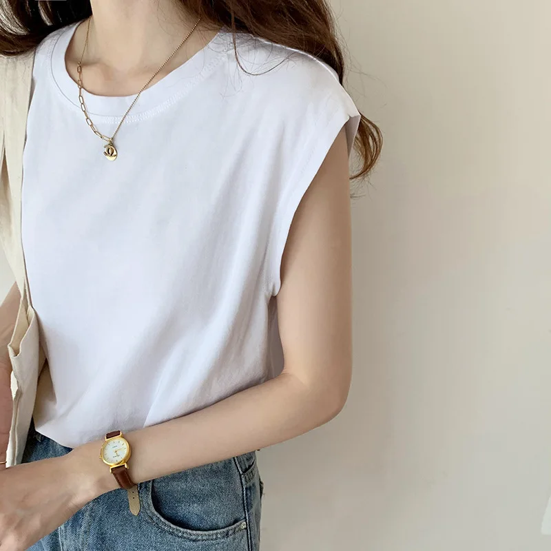 

Korean White Sleeveless T Shirt Women Loose 2023 Summer New Black Vest Tees Student Tops Fashion Solid Color Casual Pullover