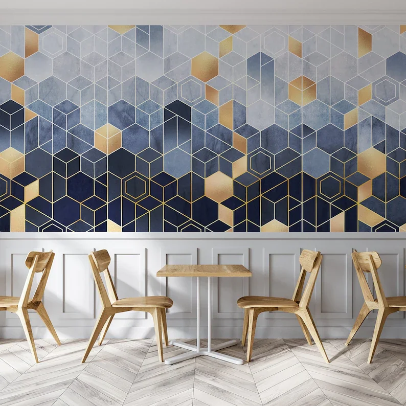 

Geometric wallpaper, hexagons, blue background, gold elements, Wall Mural, Removable Wallpaper, Self Adhesive, Peel and Stick, W